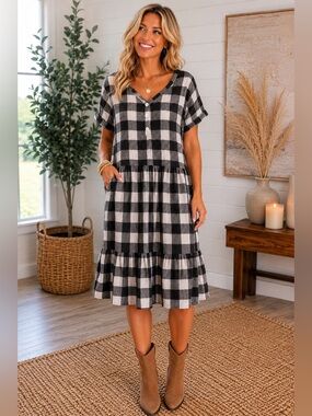 EST. 1946 BLACK BUFFALO CHECKERED V-NECK BUTTON DOWN SHORT SLEEVE DRESS LARGE